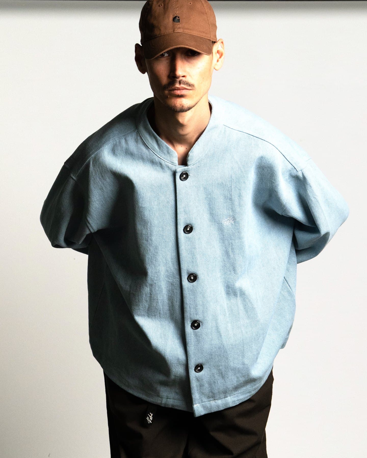 Chambray Coach Jacket — On model, close