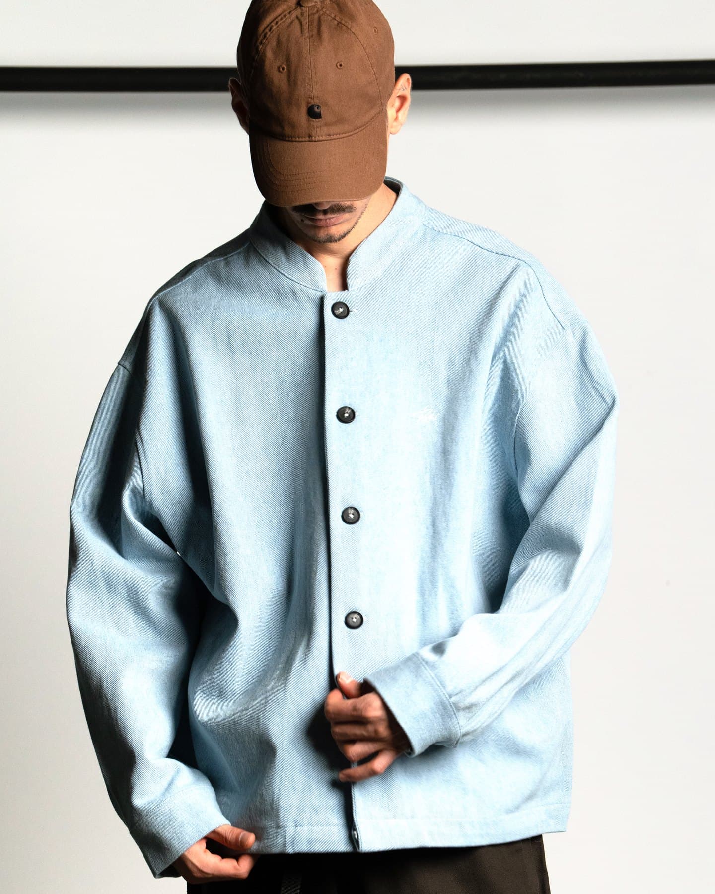 Chambray Coach Jacket — On model, close