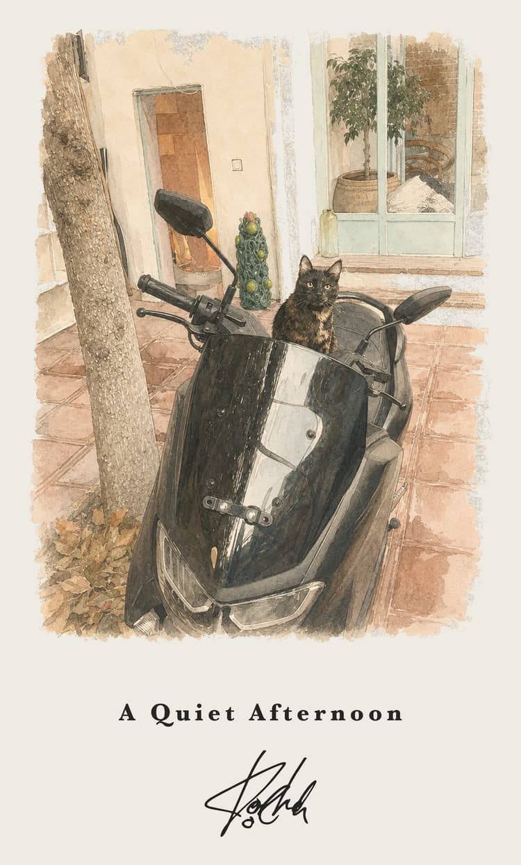 Koocheh artwork: a cat sitting on a scooter