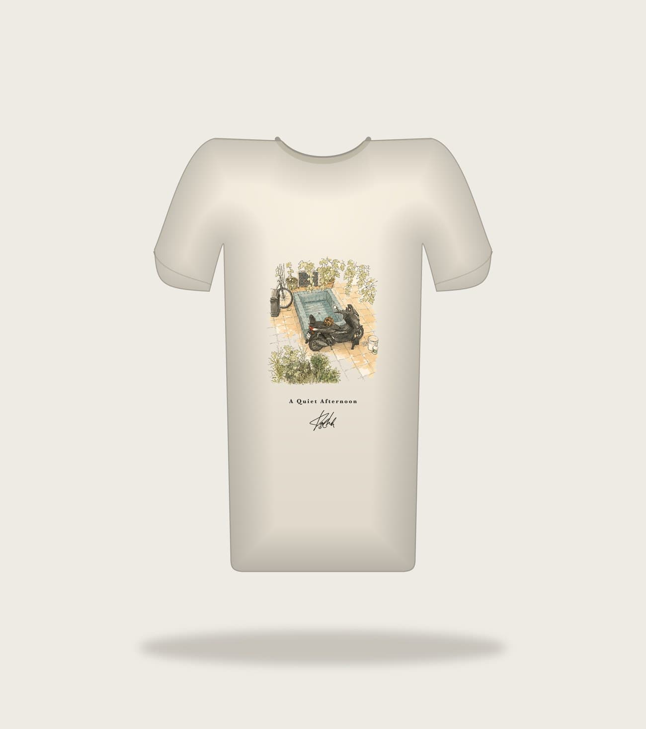Koocheh Courtyard tee — A black scooter and bicycle in a tiled courtyard with grapevines and a sunken pool.