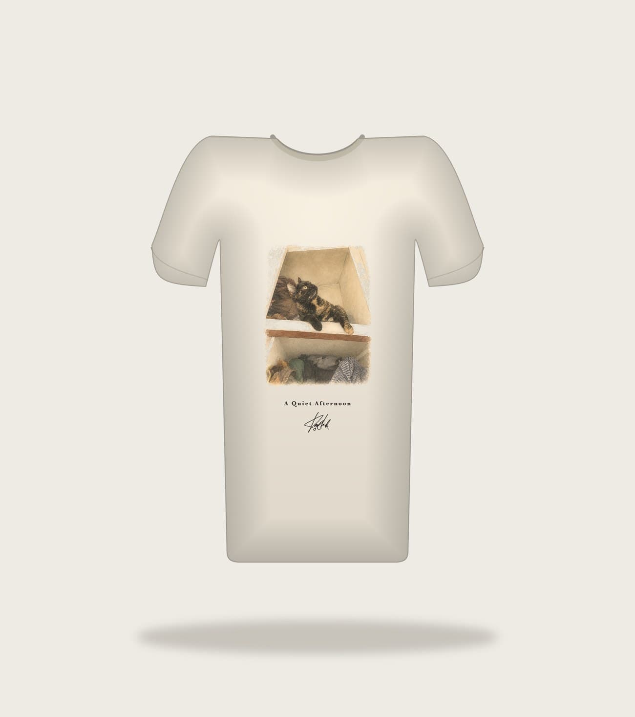 Koocheh Cubby tee — A cat tucked into a small wooden cubby among books and objects.