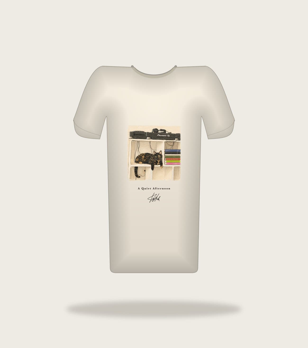 Koocheh The DJ tee — A cat among shelves and records, mid-mix.