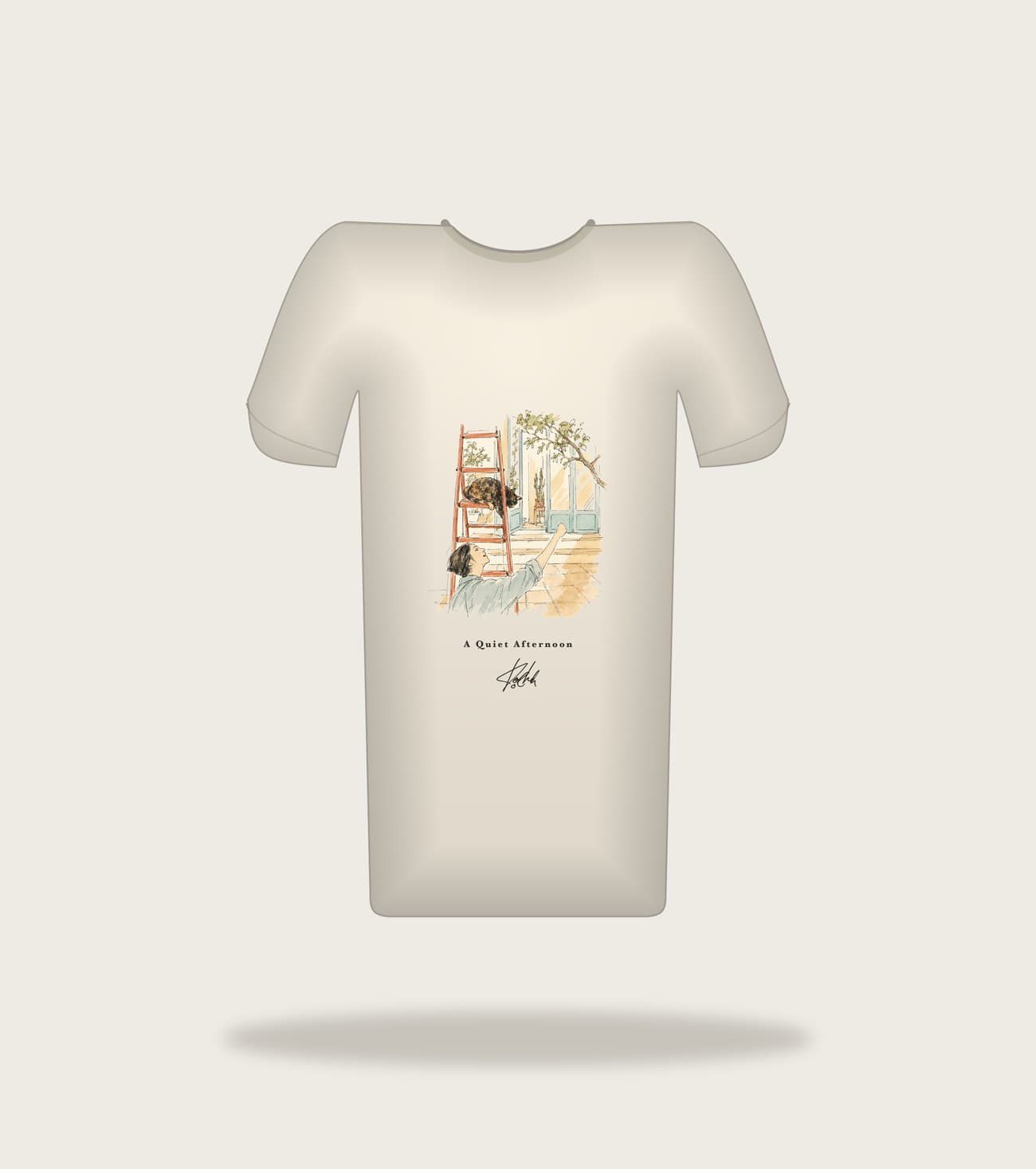 Koocheh Reach tee — A hand reaching up toward a cat lounging on a red stepladder, doors open to a sunlit room.