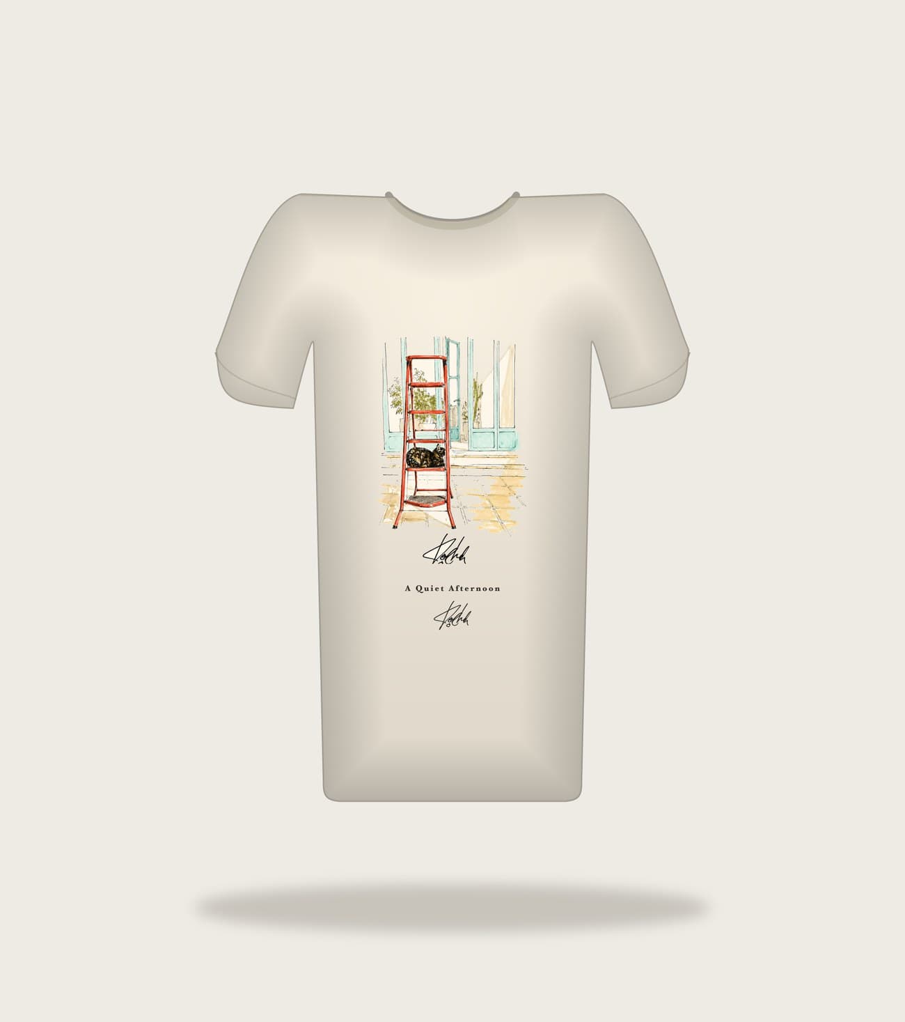 Koocheh Siesta tee — A tortoiseshell cat asleep on the rungs of a wooden ladder.