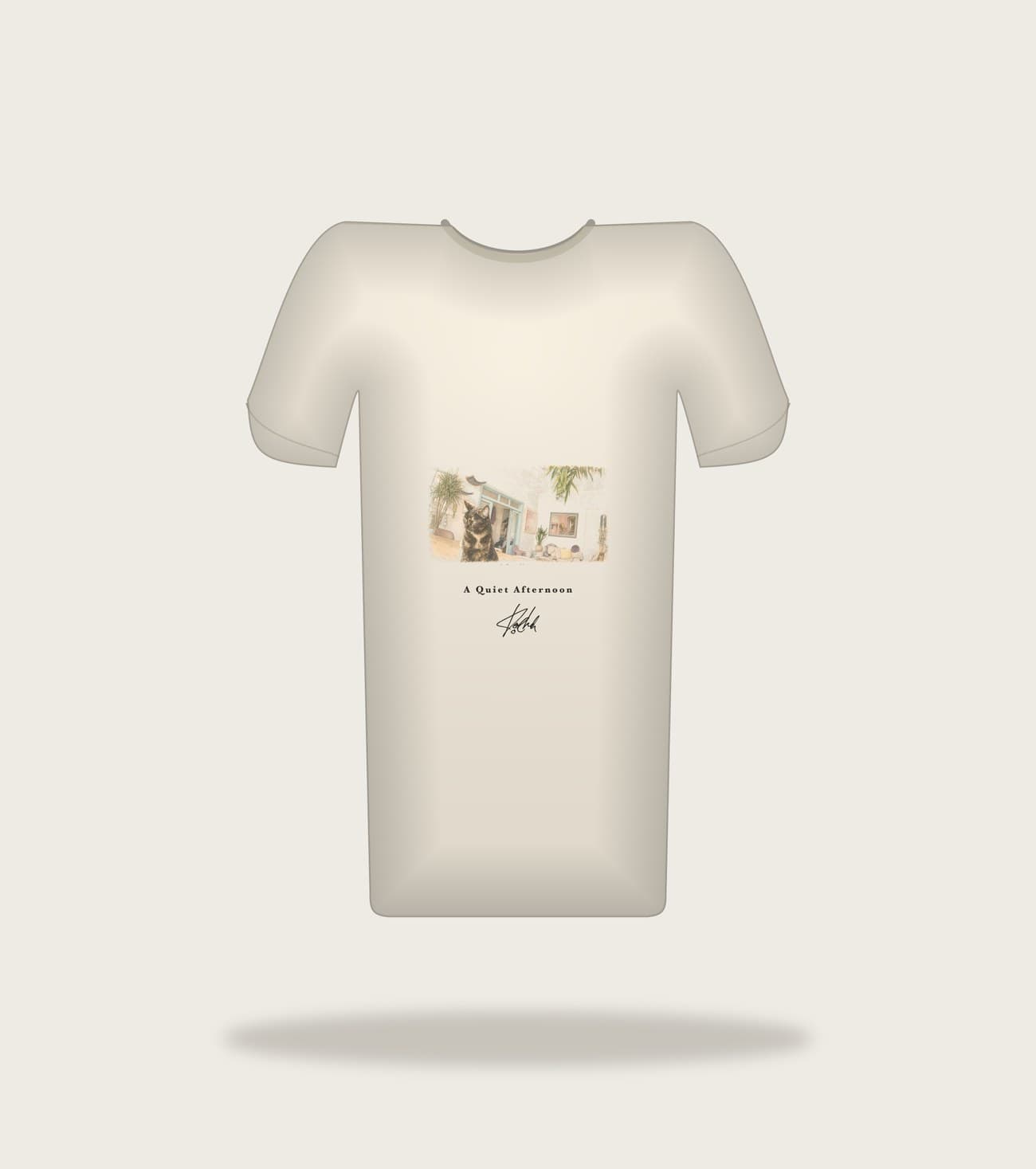 Koocheh Living Room tee — A wide view of a lived-in living room, the cat somewhere in it.