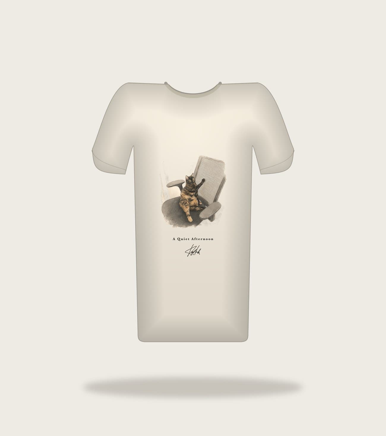 Koocheh The Manager tee — A tortoiseshell cat sitting upright in a mesh office chair, one paw raised.