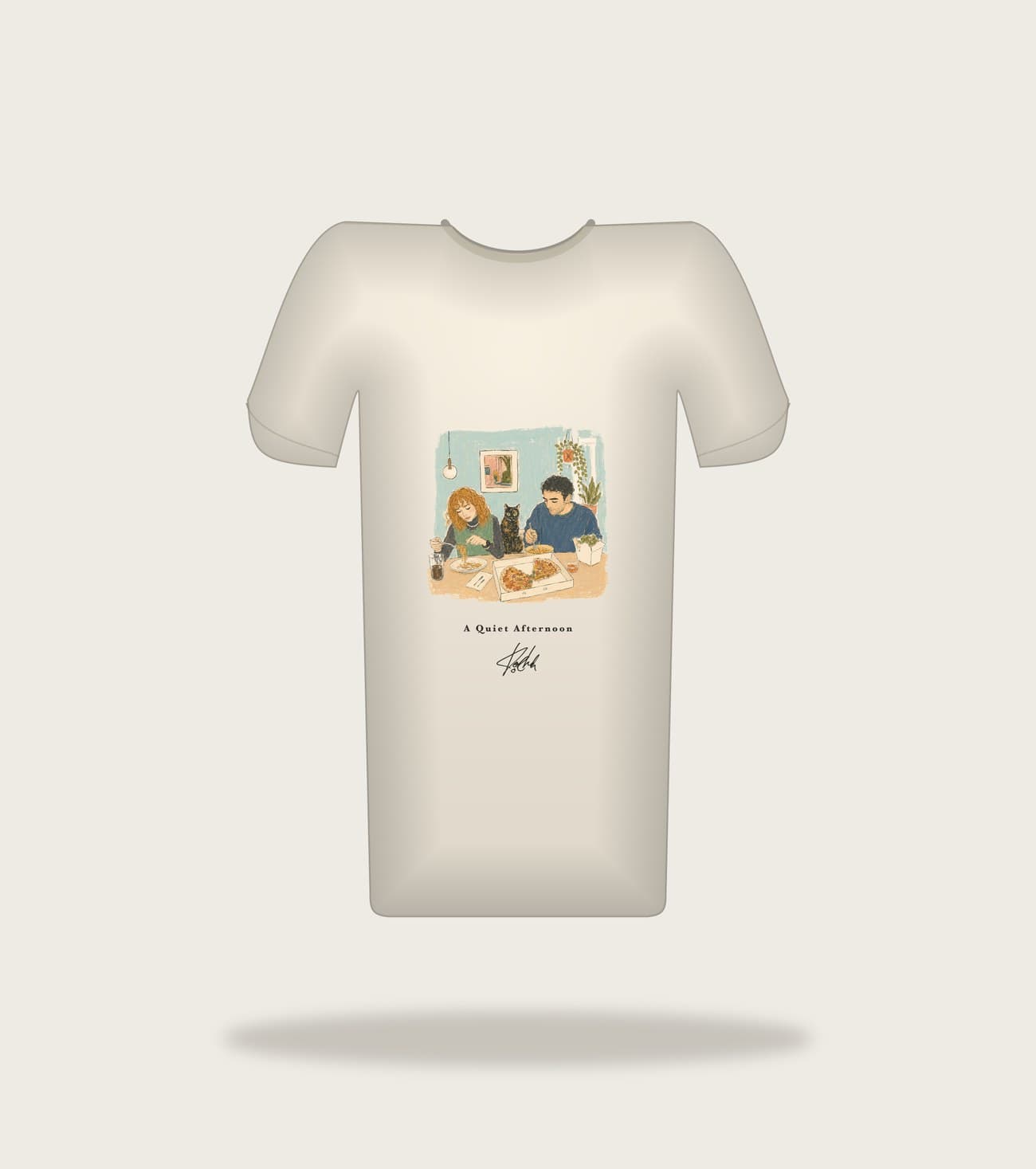 Koocheh Supper tee — A couple sharing a casual pasta supper at a cluttered table, a cat sitting between them.