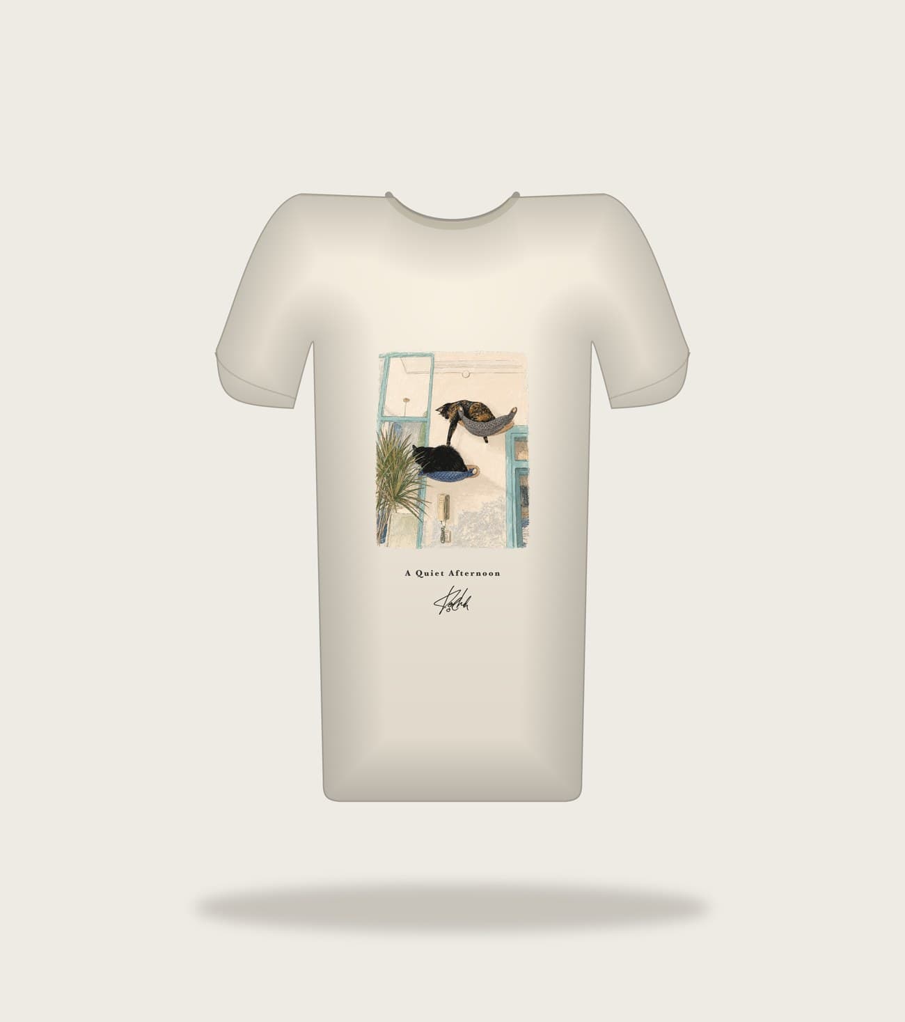 Koocheh Hammocks tee — Cats resting in window hammocks against soft light.